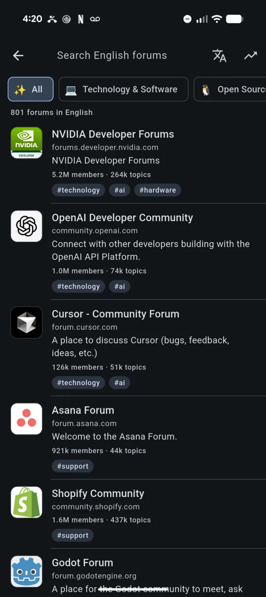 ABDA Explore screen with forum search, categories and a language filter
